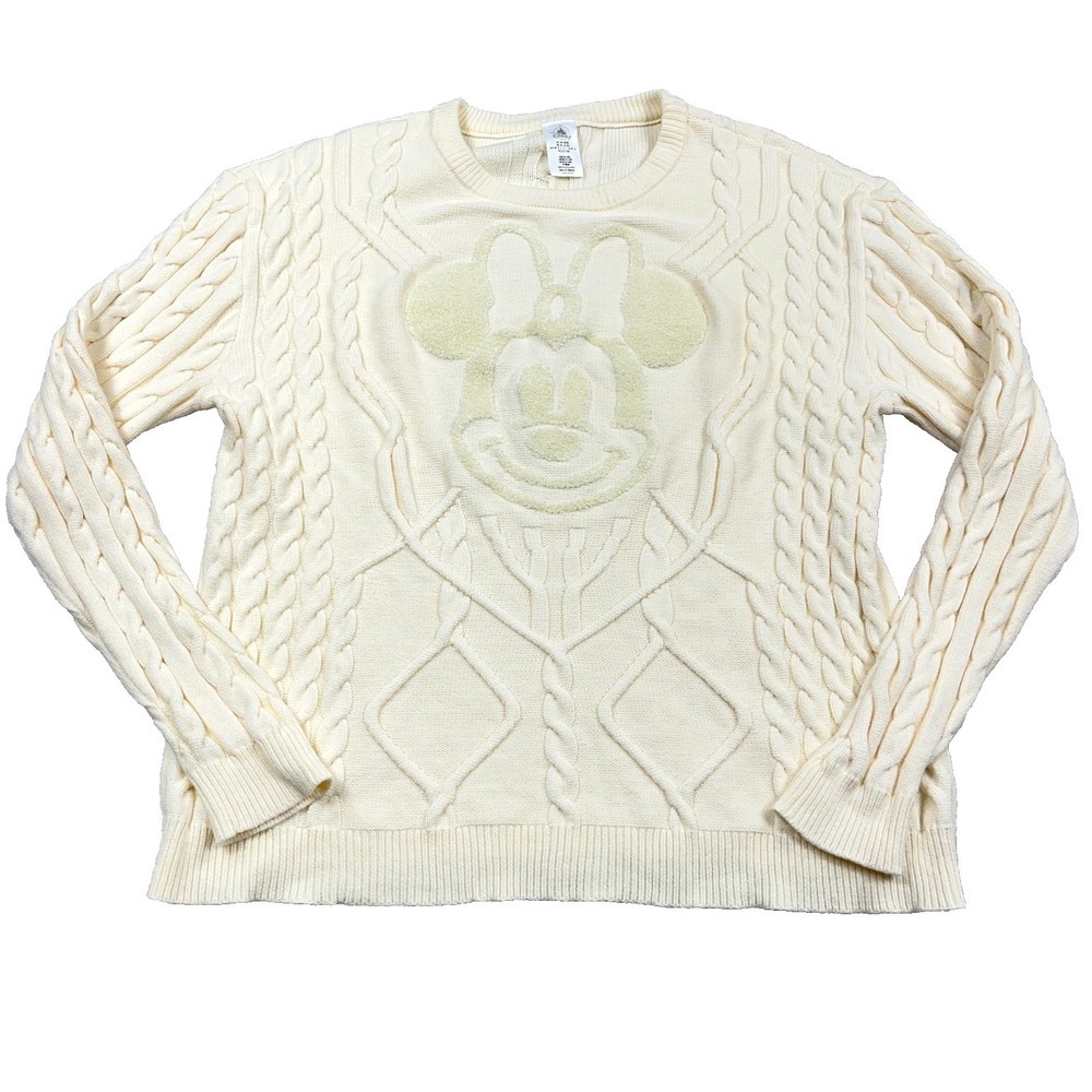 Disney Sweater Women XXL 2XL‎ Cream Cable Knit Textured Minnie Mouse Crewneck